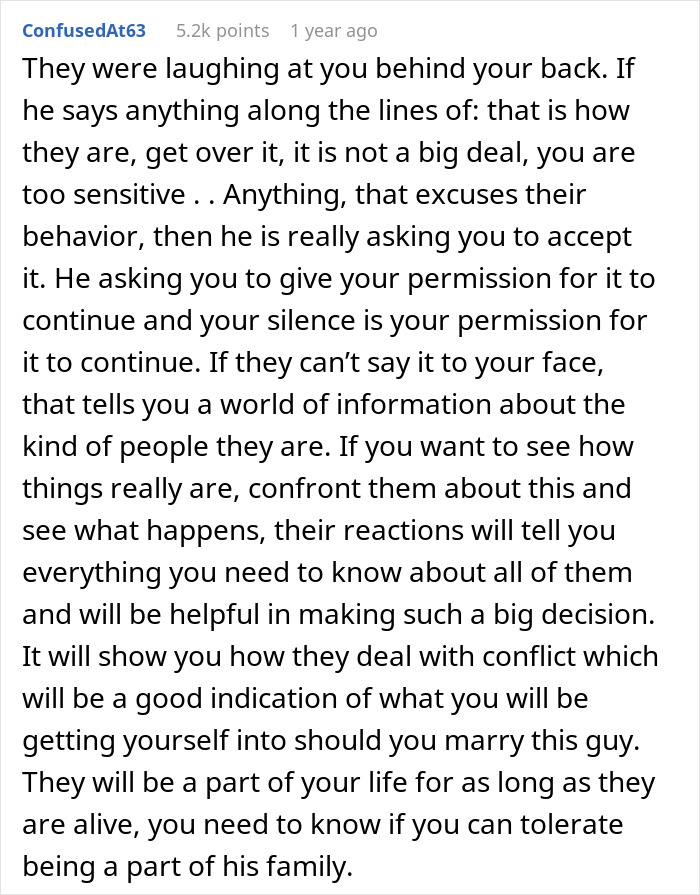 Text excerpt discussing future MIL brands bride-to-be stupid and fianc&eacute; laughing, highlighting relationship and family dynamics.