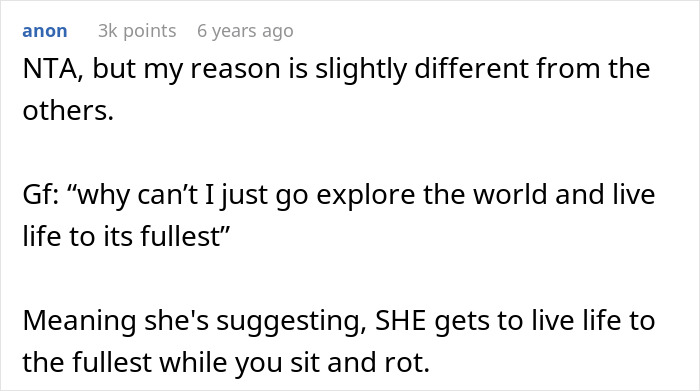 Screenshot of online comment discussing a woman planning a solo trip and her partner’s reaction before departure. Screenshot of online comment discussing a woman planning a solo trip and her partner’s reaction before departure.