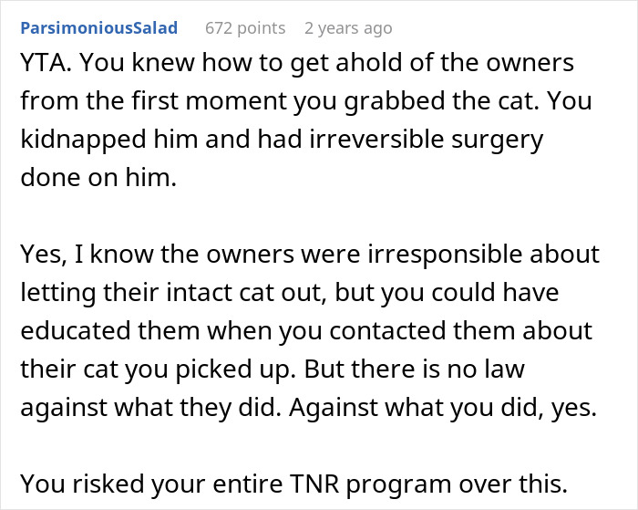 Forum comment criticizing a neutering cat owners drama involving irreversible surgery without owner consent.