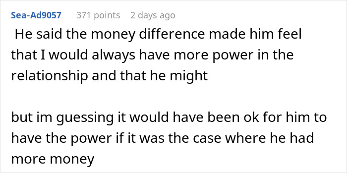 Comment discussing relationship power dynamics related to man insisting on 50/50 house ownership ultimatum. Comment discussing relationship power dynamics related to man insisting on 50/50 house ownership ultimatum.