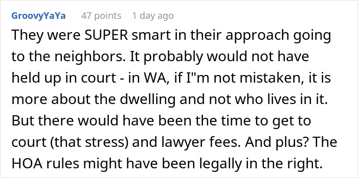 Comment discussing HOA rules and legal challenges faced by siblings after losing their mom and dealing with house disputes.