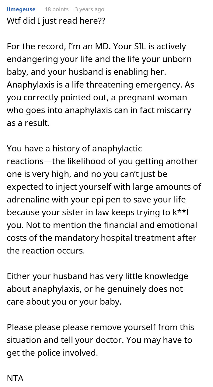 Comment warning a woman about anaphylaxis risks and her husband siding with his sister ignoring the no-peanut rule. Comment warning a woman about anaphylaxis risks and her husband siding with his sister ignoring the no-peanut rule.