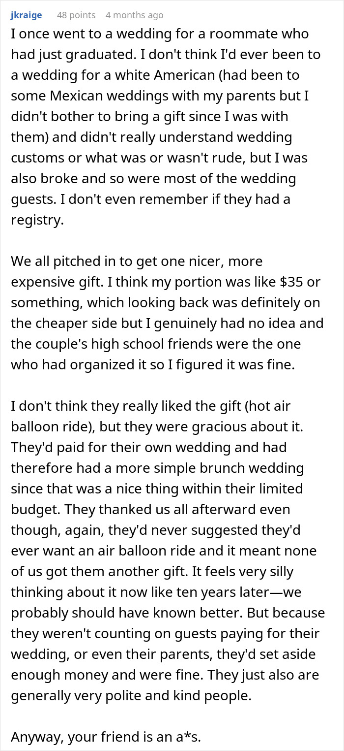 Text post discussing a bride demanding money from friends after cheap wedding shower gifts sparked conflict.