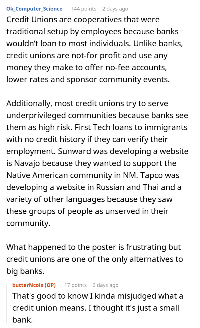 Screenshot of a Reddit discussion explaining credit unions as alternatives after funds get locked by banks.