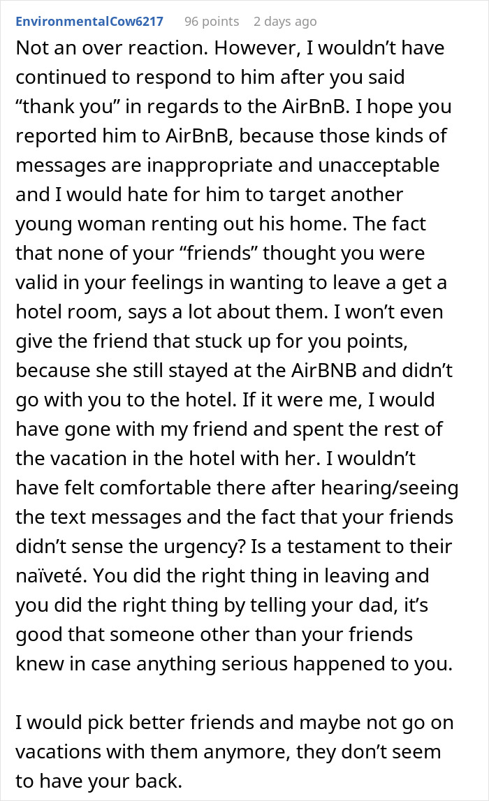 Comment discussing a woman worried about creepy Airbnb host texts, advising to leave and report the behavior for safety.
