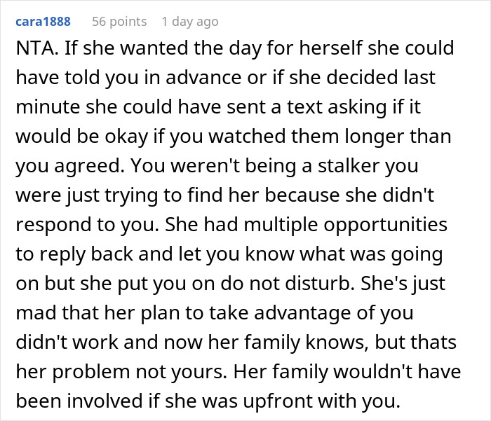Comment discussing a mom who asked a friend to babysit then went missing for hours without notice. Comment discussing a mom who asked a friend to babysit then went missing for hours without notice.