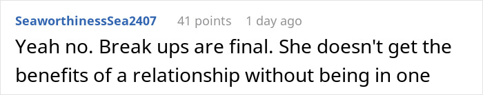Comment about a breakup where an entitled lady manipulates her boyfriend and demands free rides after the split.