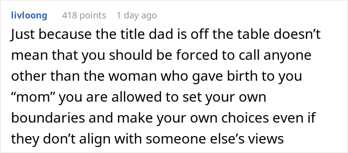 Reddit comment discussing a dad turned trans parent demanding to be called mom and its impact on his 18-year-old son. Reddit comment discussing a dad turned trans parent demanding to be called mom and its impact on his 18-year-old son.