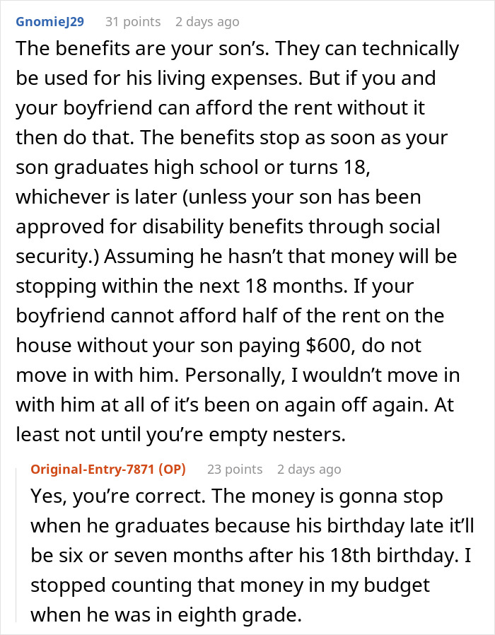 Reddit comments discussing a woman&rsquo;s boyfriend eyeing her son&rsquo;s survivor benefits and sensing greed in their relationship.
