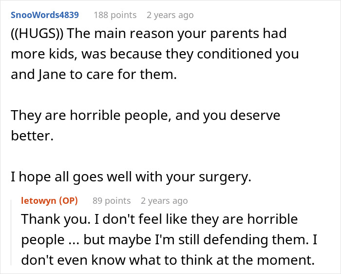 Screenshot of a Reddit conversation discussing parents making son raise siblings and struggling with mixed feelings about them.