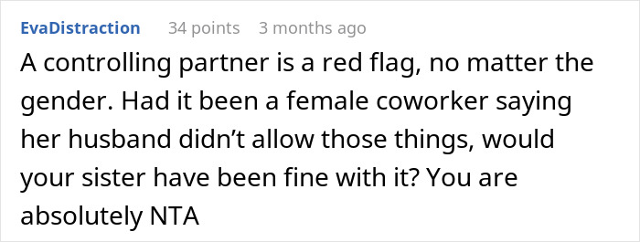 Screenshot of a Reddit comment discussing controlling partners and concerns about a married coworker’s wife’s behavior. Screenshot of a Reddit comment discussing controlling partners and concerns about a married coworker’s wife’s behavior.