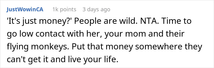 Screenshot of an online comment discussing a woman uninviting her sister from her wedding over a $30K gift dispute.
