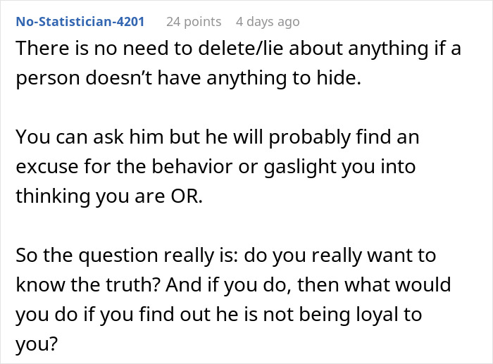 Comment discussing trust and loyalty issues after a wife checks husband&rsquo;s phone, leaving her suspicious and confused.