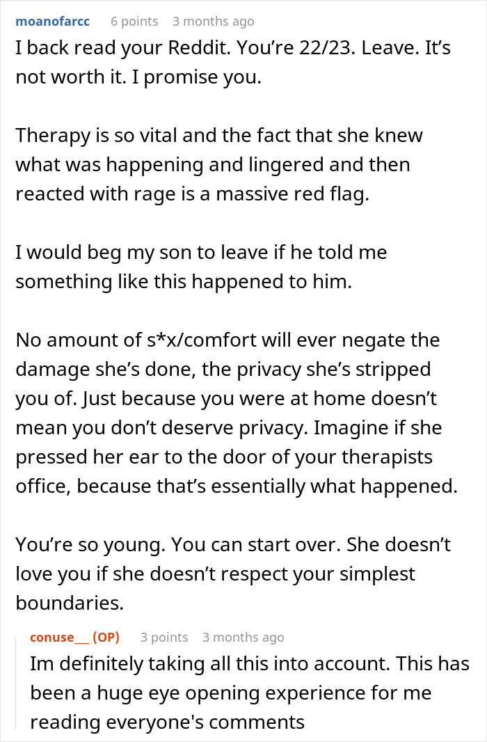 Reddit discussion about a woman eavesdropping on boyfriend’s private therapy session and the resulting trust issues. Reddit discussion about a woman eavesdropping on boyfriend’s private therapy session and the resulting trust issues.