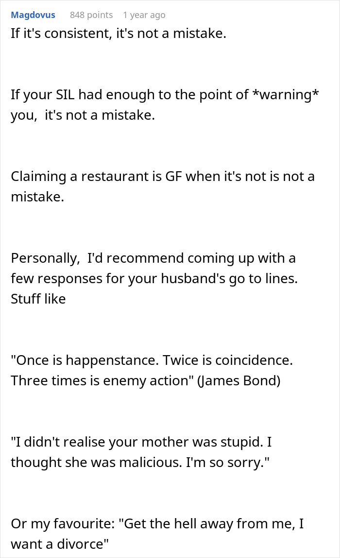 Text post from user Magdovus sharing advice on responding when a MIL tries to purposely trigger allergies. Text post from user Magdovus sharing advice on responding when a MIL tries to purposely trigger allergies.