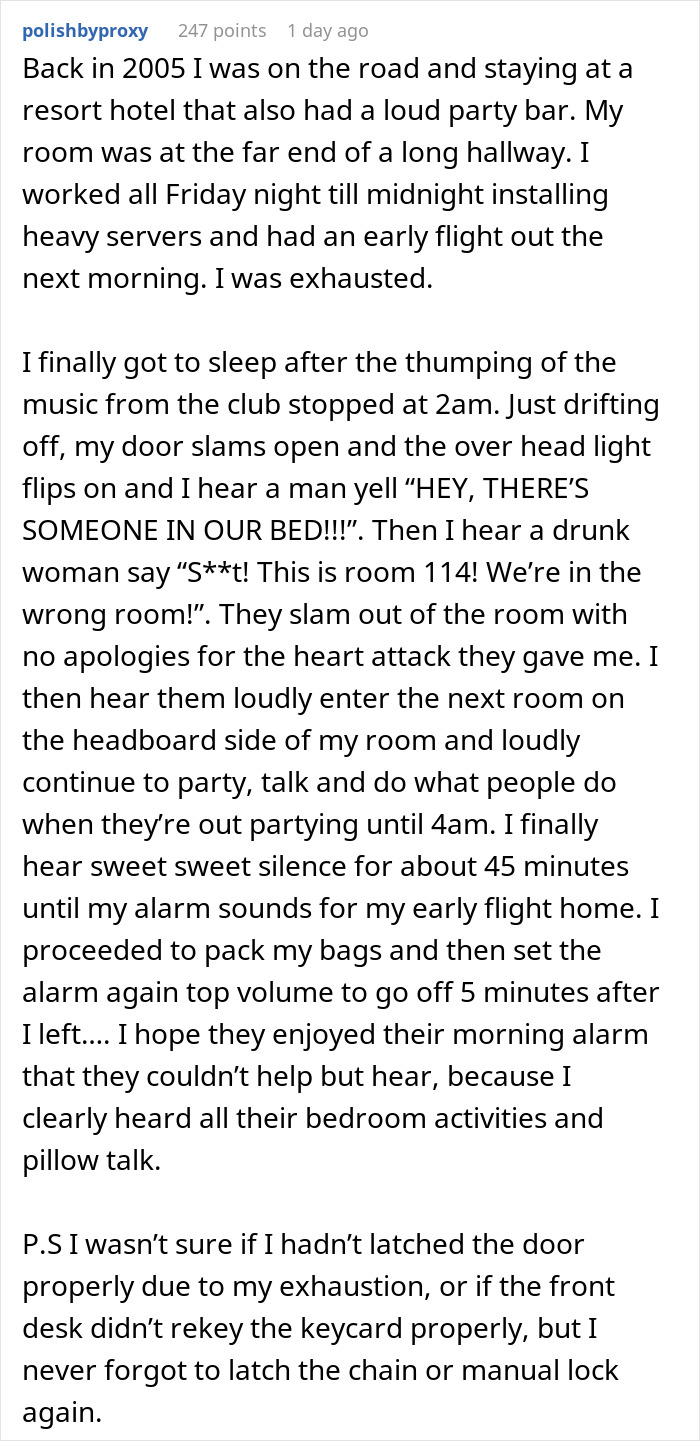 Block of text describing hotel guests disturbing neighbors with loud parties and early morning noise causing frustration and revenge. Block of text describing hotel guests disturbing neighbors with loud parties and early morning noise causing frustration and revenge.