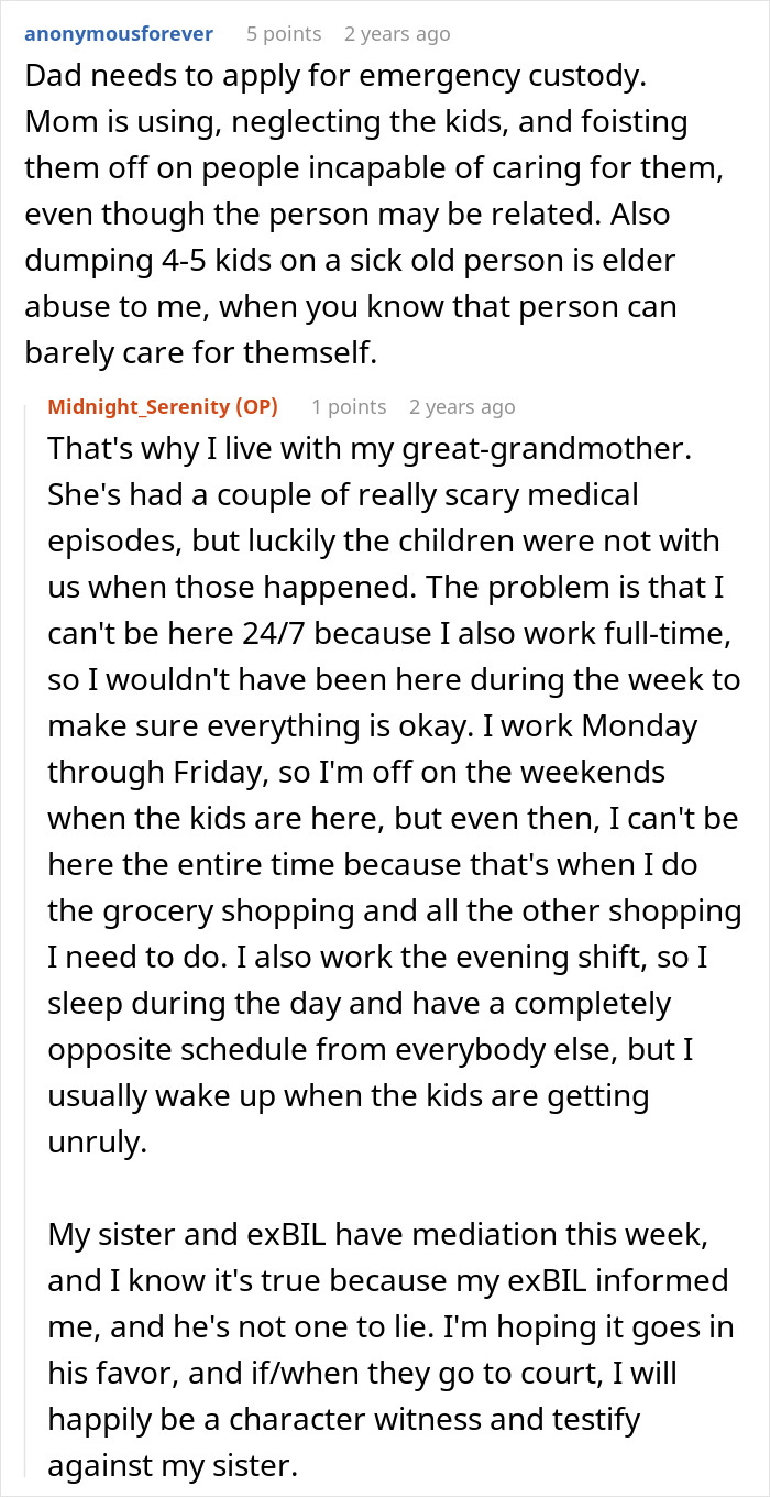 Comments discussing a sister threatening to call the cops after a woman brings her kids home, involving custody concerns.