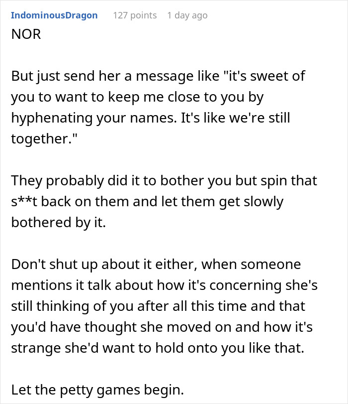 Screenshot of a Reddit comment discussing how to respond to ex-wife and new husband legally changing their name to his full name.