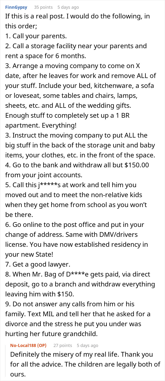 Reddit user shares detailed advice for a pregnant wife whose husband isn&rsquo;t in love after marriage revelation.