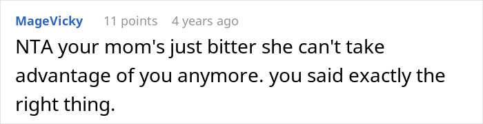 Screenshot of a user comment discussing siblings refusing support and the challenges of taking care of a mother.