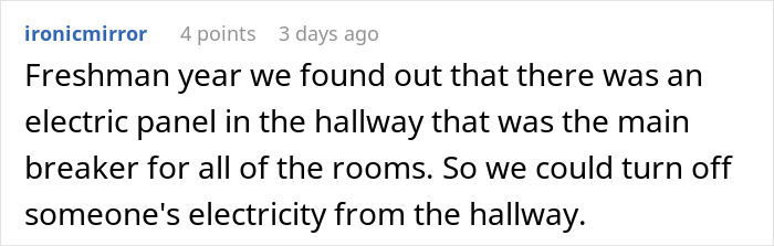 Screenshot of a Reddit comment about a student using electricity control for petty revenge against loud neighbor at early morning.