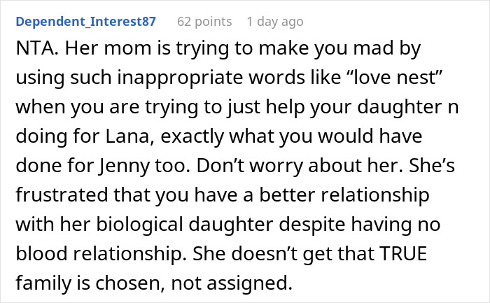 Comment discussing mom furious over ex letting stepdaughter date and have a love nest despite bio-dad's refusal.