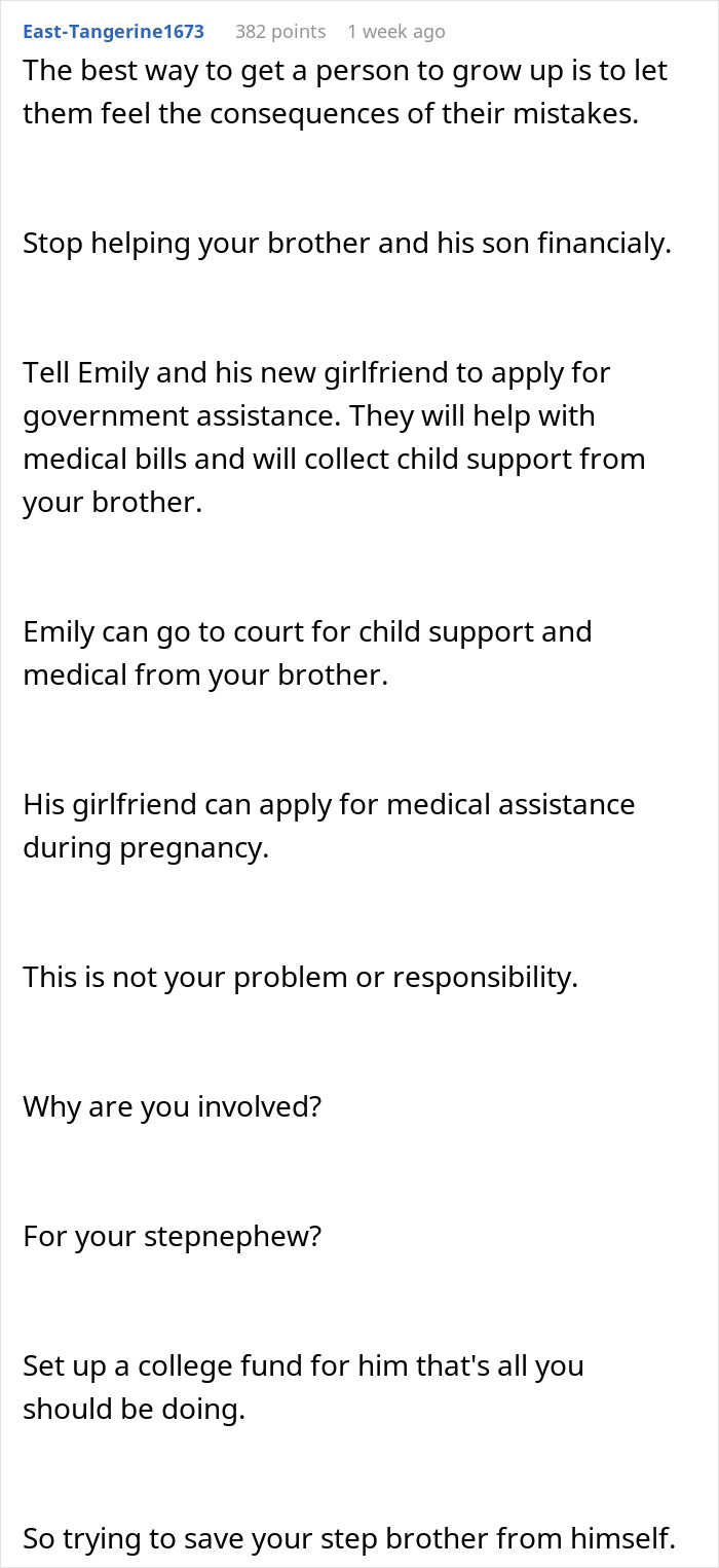 Comment discussing financial support advice for pregnant girlfriend involving stepbrother and stepnephew in family drama. Comment discussing financial support advice for pregnant girlfriend involving stepbrother and stepnephew in family drama.