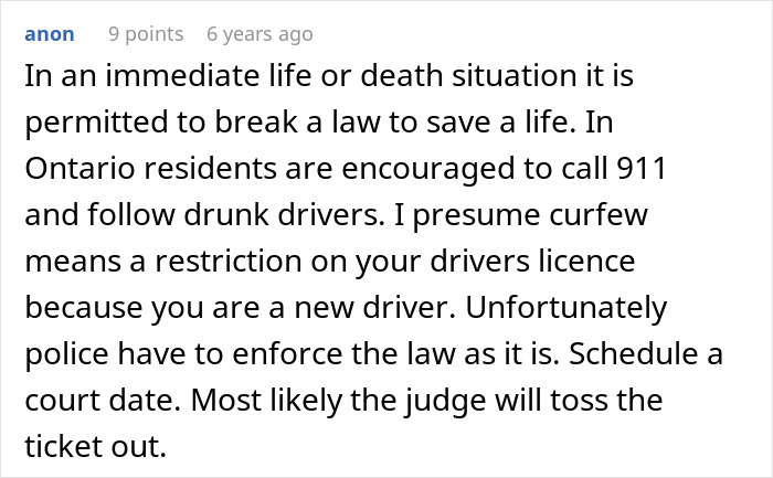 Screenshot of a forum comment discussing reporting drunk drivers and a curfew violation ticket for a new driver.