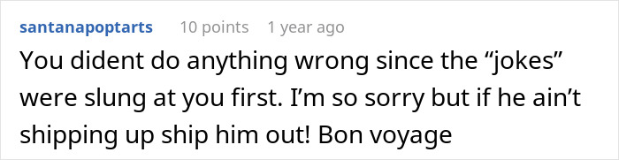 Comment stating no wrongdoing in response to man jokes about trading wife for younger woman, with mention of twin brother's offer.