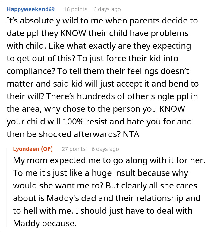 Reddit users discuss son refusing family bonding, feeling mother chose nemesis and her dad over him. Reddit users discuss son refusing family bonding, feeling mother chose nemesis and her dad over him.