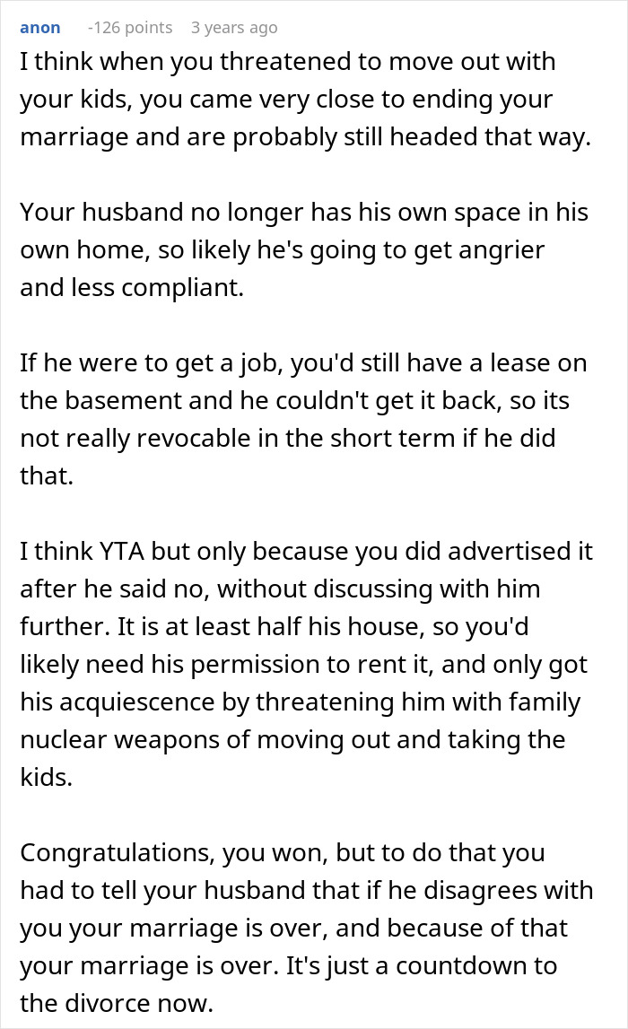 Comment discussing consequences of renting out husband&rsquo;s man cave due to his refusal to work or help around the house.