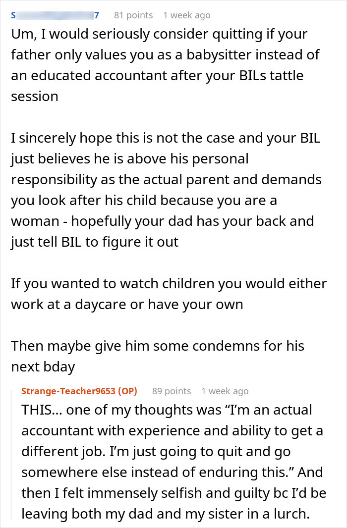 Screenshot of Reddit comments discussing a 40-year-old aunt refusing to babysit and facing family guilt-trip tactics. Screenshot of Reddit comments discussing a 40-year-old aunt refusing to babysit and facing family guilt-trip tactics.