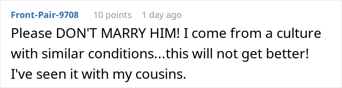 Comment expressing concern about a man lashing out at his fianc&eacute;e after family dress shopping without her.