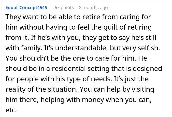 Comment discussing the challenges when parents expect son to care for autistic brother and cut him off after refusal.