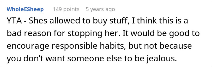 Screenshot of an online comment discussing a mom limiting daughter's purchases to avoid unfairness to sibling.