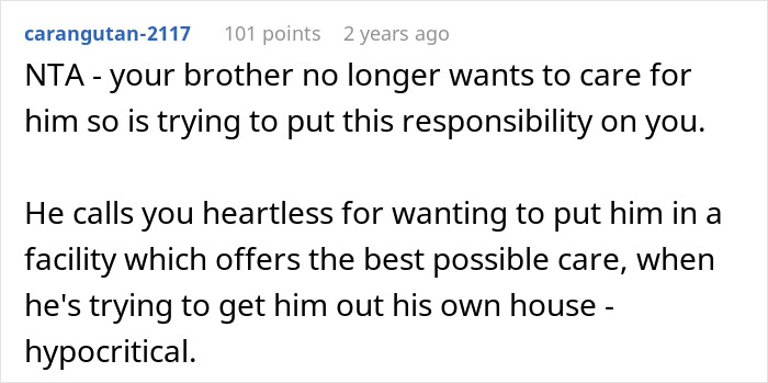 Comment text discussing orphaned siblings clashing over care for an autistic brother, with one sibling called cruel.