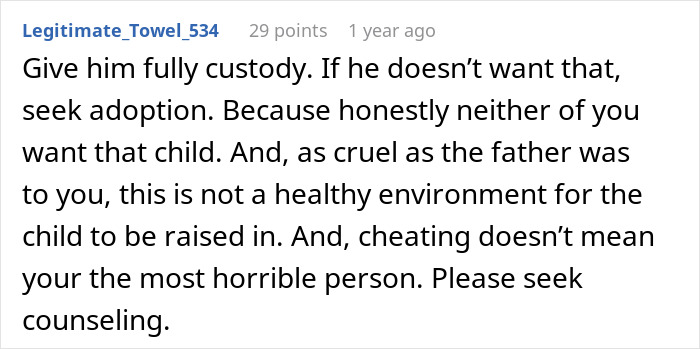 Comment discussing custody and seeking counseling after husband coerces wife into pregnancy as punishment for cheating.