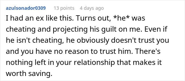 Comment about man going through girlfriend's phone, expressing shock and trust issues in a long-term relationship.