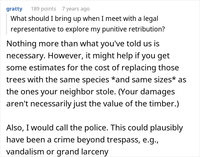 Legal advice on neighbor cutting down white oak trees without permission and potential $190K settlement discussion.