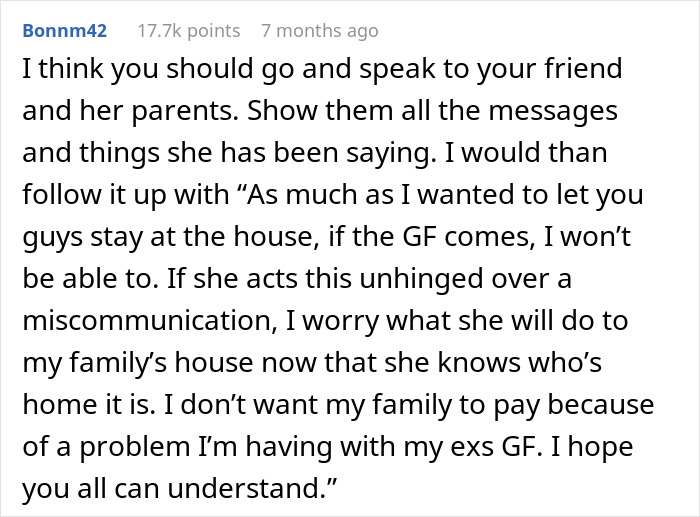 Comment discussing a woman considering canceling a friend&rsquo;s holiday booking after harassment by her bro&rsquo;s girlfriend.