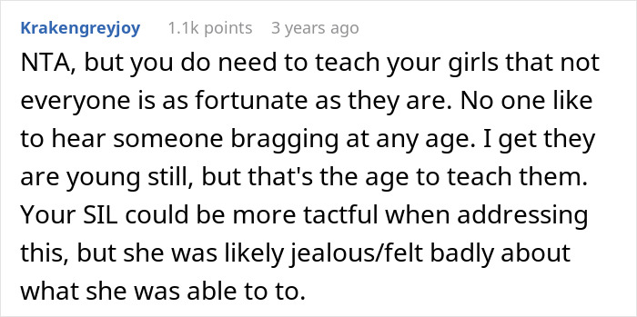 Comment on SIL conflict after kids discuss Easter gifts, highlighting the need to teach daughters empathy and humility.