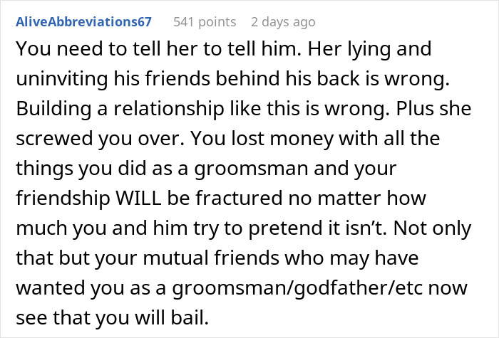Comment discussing groom kissing best friend at bachelor party and bride banning him from wedding over secret.