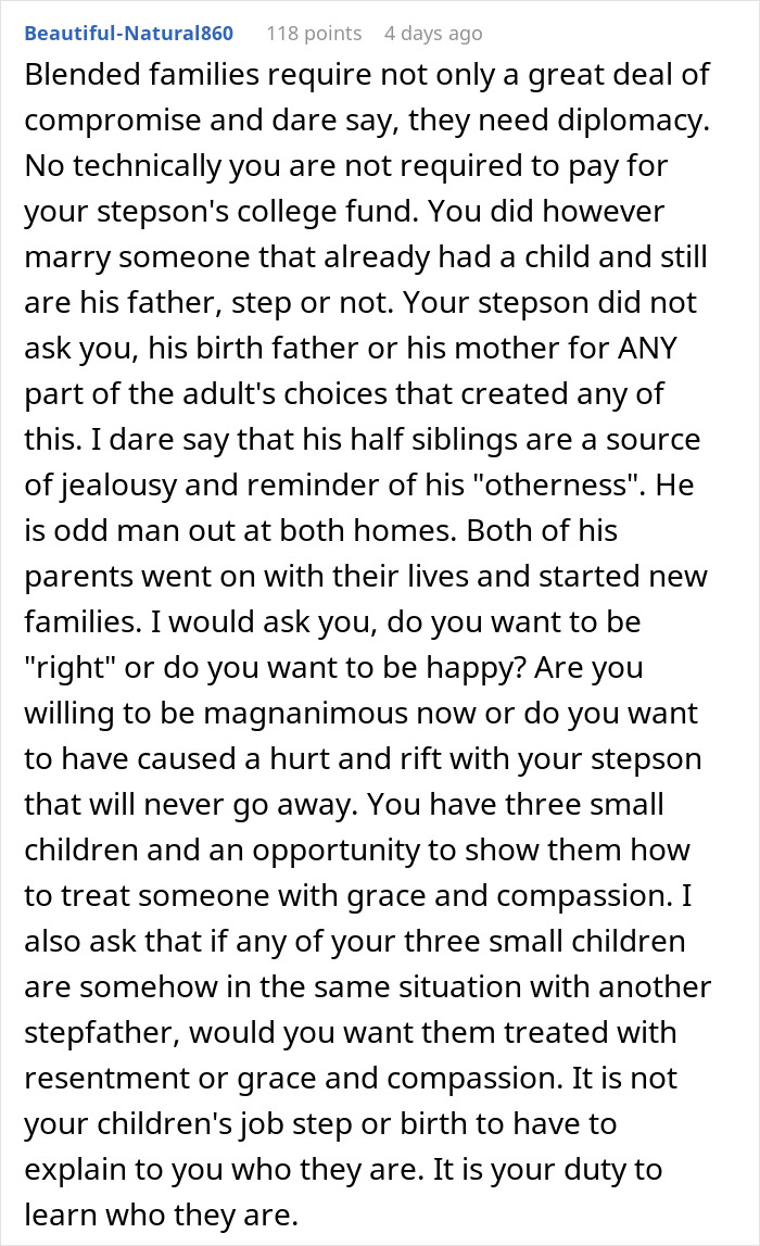 Comment discussing blended families, stepfather&rsquo;s refusal to support stepson&rsquo;s college fund, and family dynamics challenges.