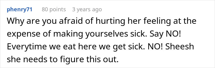 Reddit comment about cheap MIL feeding son and girlfriend spoiled food and urging to say no to avoid getting sick.