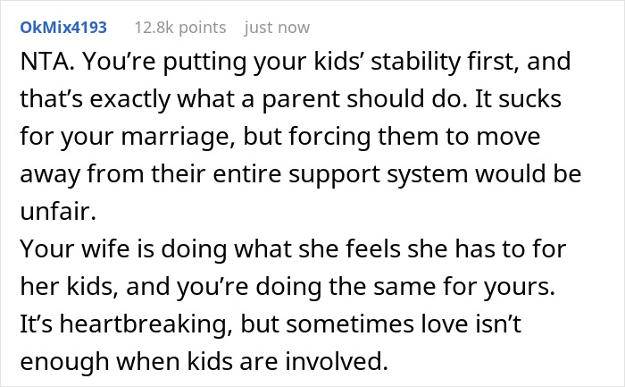 Reddit comment about prioritizing kids' stability in marriage and stepkids relationship during difficult family decisions.