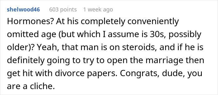 Comment discussing a husband asking wife to change intimacy boundaries, with predictions of divorce outcome.
