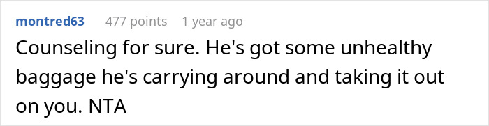 Screenshot of an online comment discussing unhealthy emotional baggage in relation to a man joking about trading wife for younger woman.