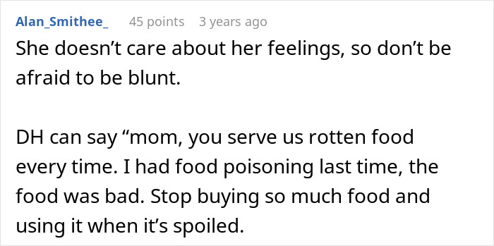 Comment discussing cheap MIL feeding spoiled food to son and his girlfriend and bullying them into eating it.