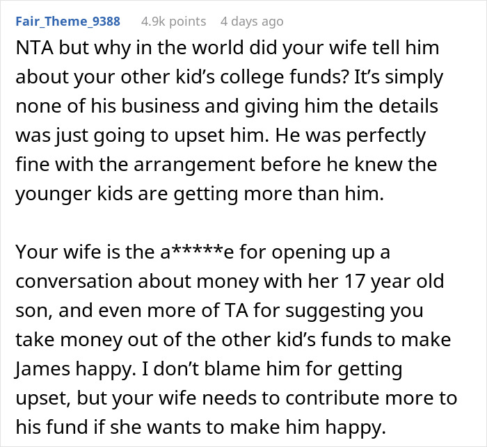 Reddit comment discussing man denying stepson&rsquo;s pleas to contribute to college fund and family money issues.