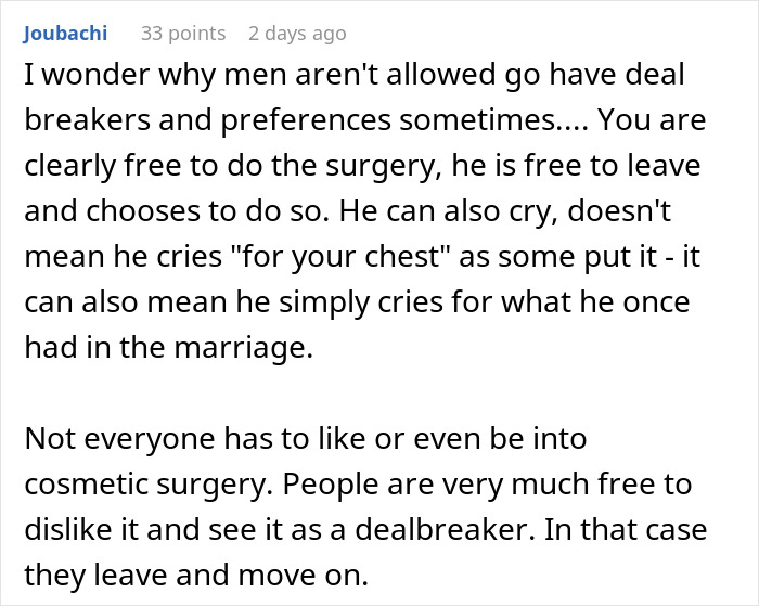 Comment discussing a husband giving an ultimatum over plastic surgery and considering a husband reduction in marriage.